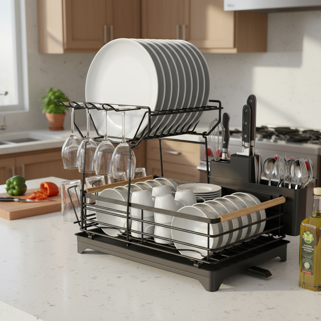 Fortune Candy 15.4'' Tall Dish Drying Rack with Bamboo Handle, 2-Tier Drying Rack for Apartments, Dorms, and Kitchens, Black