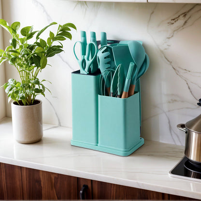 Fortune Candy 19pc Kitchen Utensil Set, Includes Tongs, Ladle, Scissors, Knives and Cutting Board (Green)