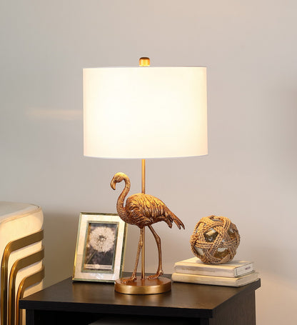 Fortune Candy 26" Matte Gold Polyresin Flamingo Table Lamp With White Drum Shade, Modern Decor for Living Room or Bedroom
