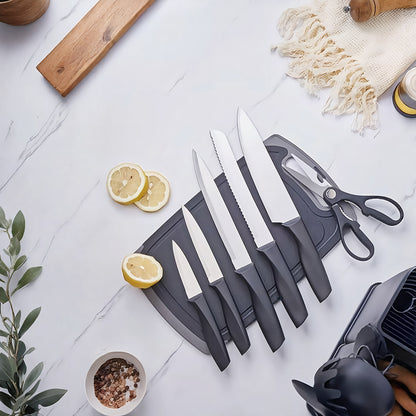 Fortune Candy 19pc Kitchen Utensil Set, Includes Tongs, Ladle, Scissors, Knives and Cutting Board (Black)