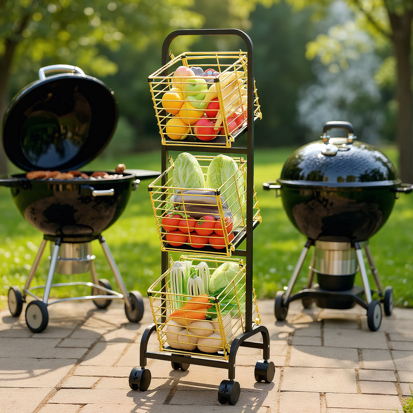 Fortune Candy 3-Tier Metal Rolling Storage Basket Cart, Black Gold Utility Organizer with Wheels for Books, Toys, Food, Vegetables, and More