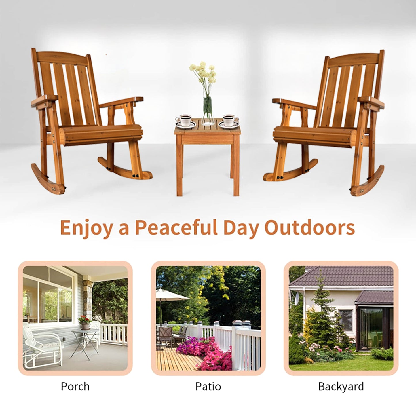 Fortune Candy 2 PCS Solid Fir Wood Outdoor Rocking Chair with Deep Contour Seat, Heavy Duty 600 lbs for Patio Porch and Yard, Brown