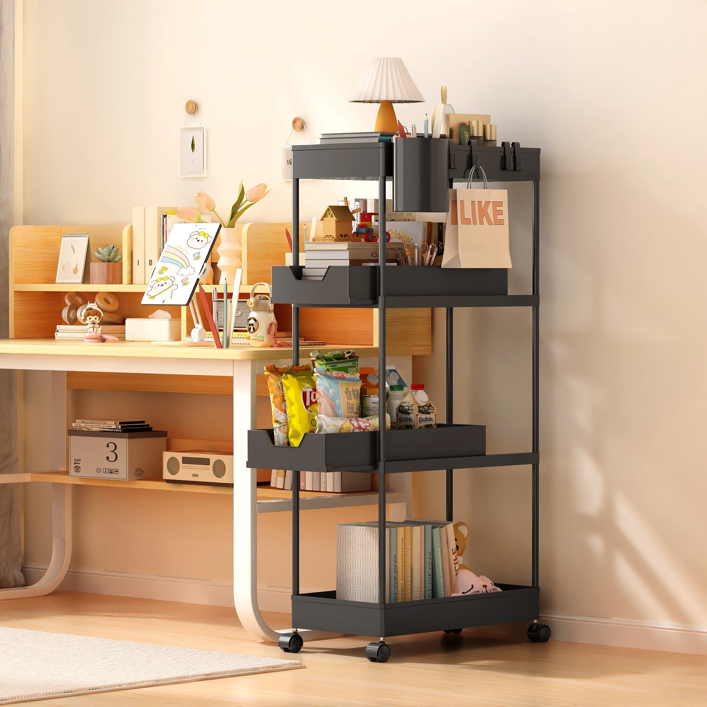 Fortune Candy 4-Tier Plastic Storage Cart with Wheels, Rolling Kitchen Shelving Rack for Pantry, Bathroom, Office