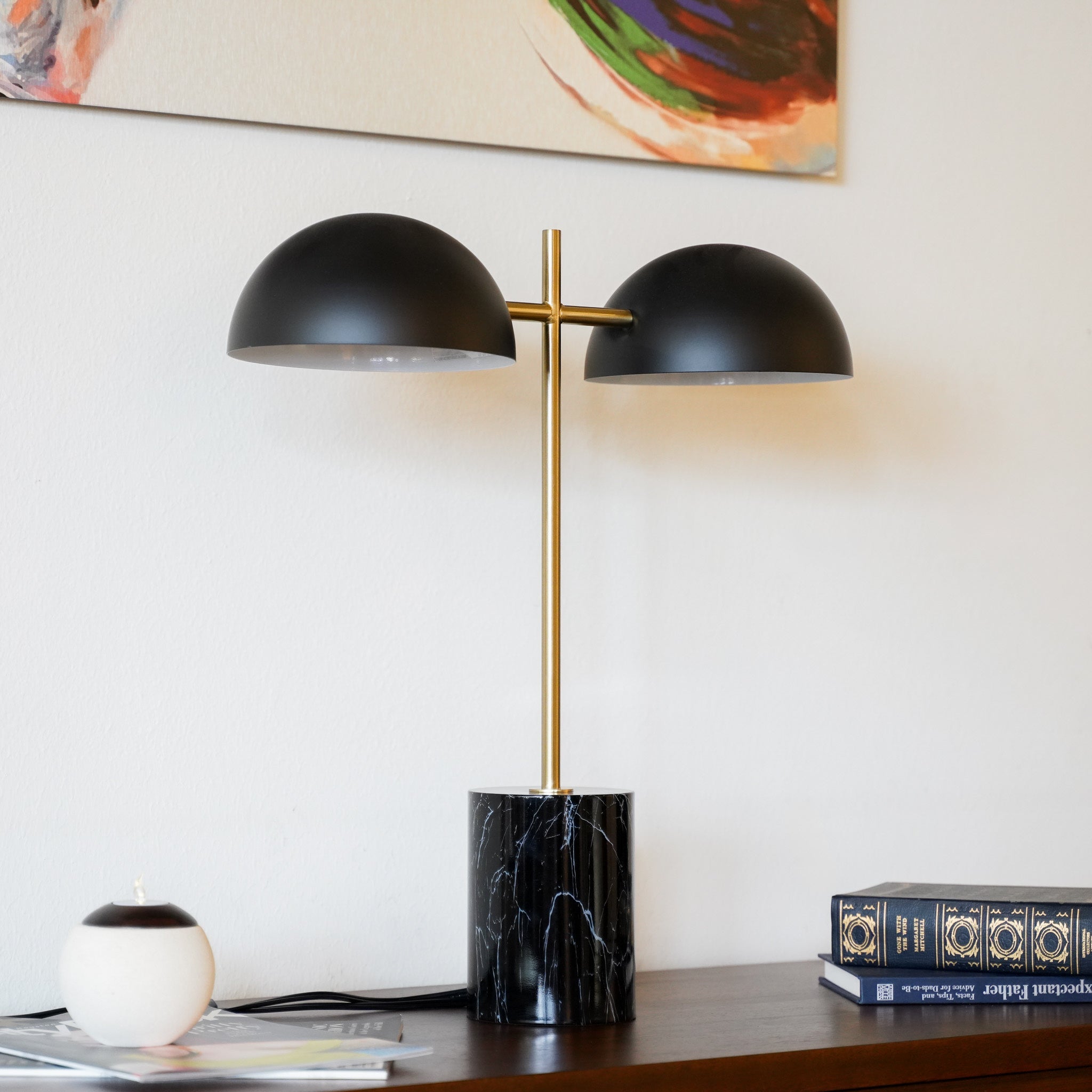Fortune Candy 22.4'' Black Table Lamp with Double Bulbs, Faux Marble Base, Modern Desk Light for Living Room, Bedroom, or Office Reading