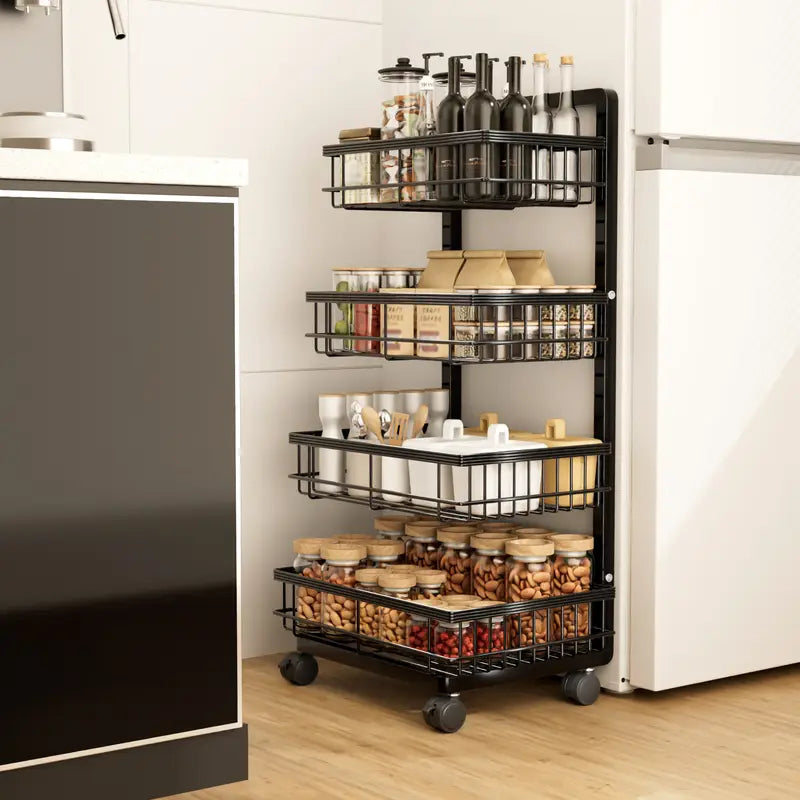 Fortune Candy Adjustable 4-Tier Metal Storage Cart with Wheels, Lockable Rolling Organizer for Kitchen, Pantry, Bathroom, or Office