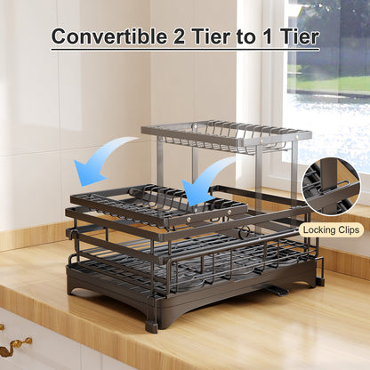 Frotune Candy 2 Tier Extendable Dish Drying Rack, 2-in-1 Dishrack for Kitchen Counter and Sink, Black