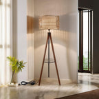 Fortune Candy 59'' Tall Boho Tripod Floor Lamp with Shelves, Mid-Century Modern Wood Standing Lamp with Rattan and Fabric Shades for Home