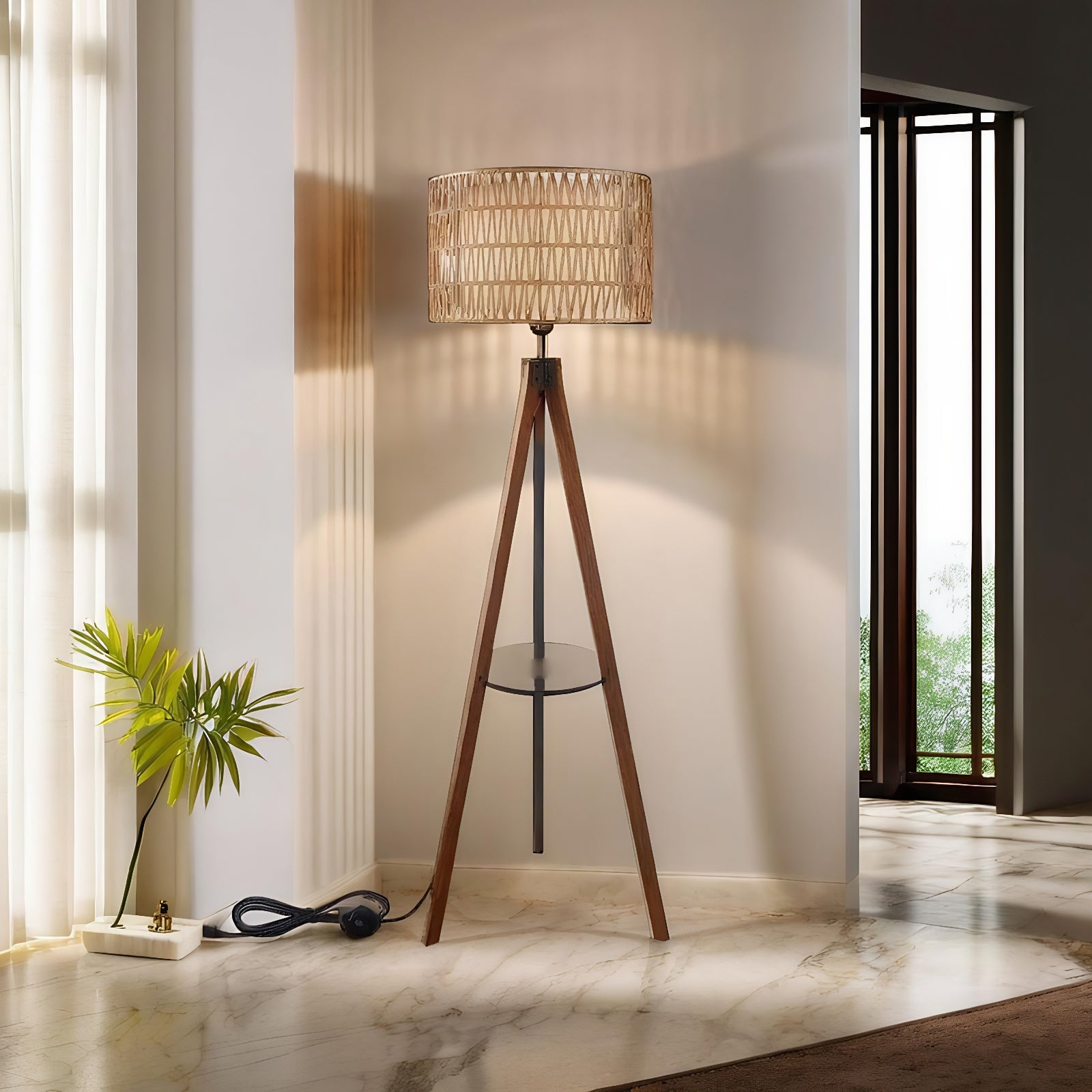Fortune Candy 59'' Tall Boho Tripod Floor Lamp with Shelves, Mid-Century Modern Wood Standing Lamp with Rattan and Fabric Shades for Home