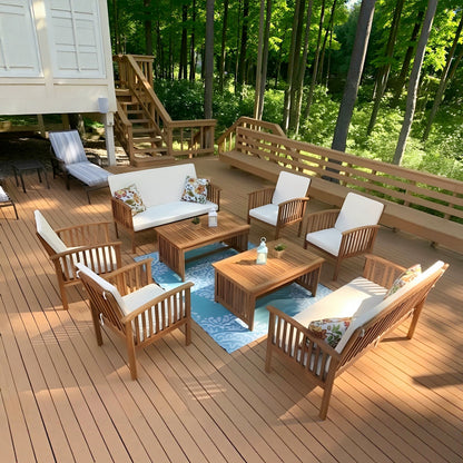 Fortune Candy 8 Pieces Indoor/Outdoor Acacia Wood Sofa Set with Cushions, Brown Conversation Furniture