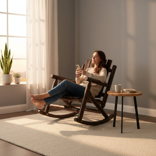 Fortune Candy 32.4 in. Rustic Log Handcrafted Solid Fir Wood, 1 Person, 700 lb Capacity, Slat Back Outdoor Rocking Chair, Brown