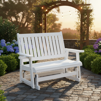 Fortune Candy Poly Lumber Patio Glider  2 Seater with Ergonomic Deep Seat, High Backrest, Cup Holders, for Outdoor Garden, Yard, or Deck