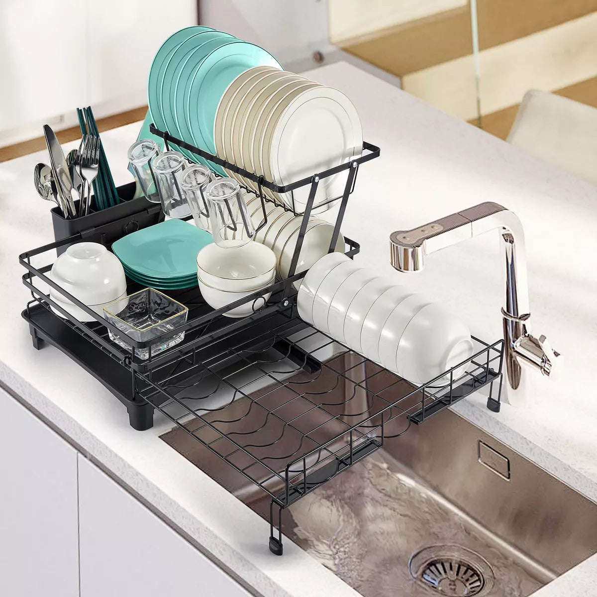 Frotune Candy 2 Tier Extendable Dish Drying Rack, 2-in-1 Dishrack for Kitchen Counter and Sink, Black