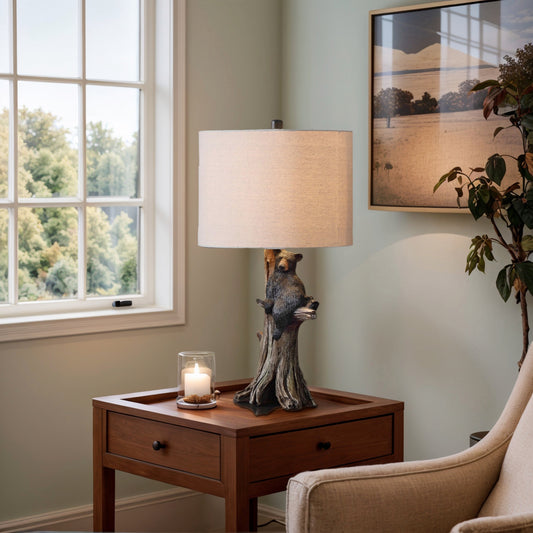 Fortune Candy 24.75" Rustic Black Bear Table Lamp, Polyresin Tree Trunk Base with Fabric Drum Shade for Home Decor