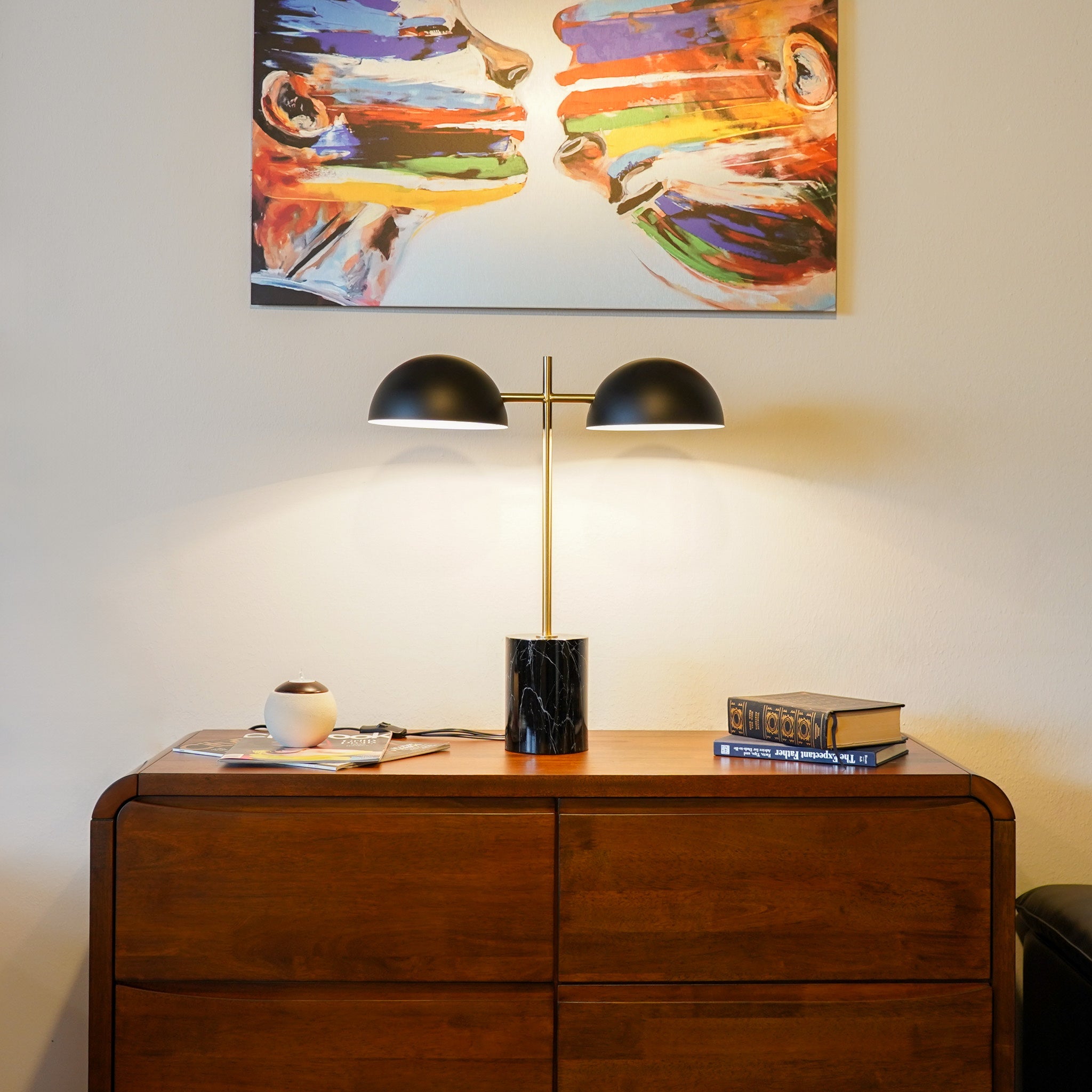 Fortune Candy 22.4'' Black Table Lamp with Double Bulbs, Faux Marble Base, Modern Desk Light for Living Room, Bedroom, or Office Reading