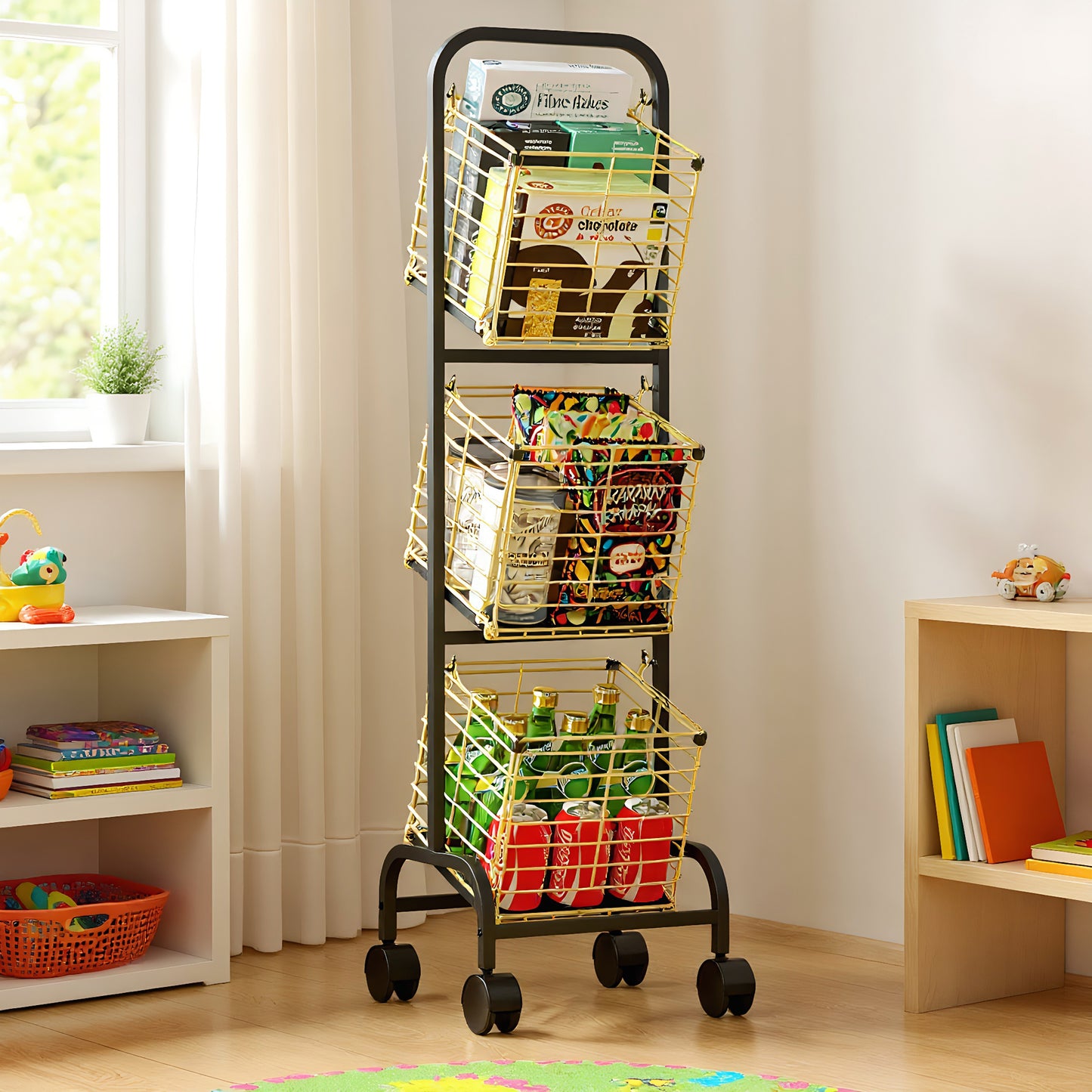 Fortune Candy 3-Tier Metal Rolling Storage Basket Cart, Black Gold Utility Organizer with Wheels for Books, Toys, Food, Vegetables, and More