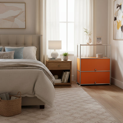 Fortune Candy 3 Tier Metal Storage Cabinet with Doors, Modern Organizer, Open Shelf for Dining Room or Living Space, Orange