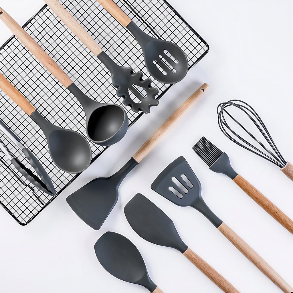 Fortune Candy 19pc Kitchen Utensil Set, Includes Tongs, Ladle, Scissors, Knives and Cutting Board (Black)