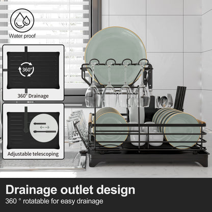 Fortune Candy 15.4'' Tall Dish Drying Rack with Bamboo Handle, 2-Tier Drying Rack for Apartments, Dorms, and Kitchens, Black