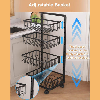Fortune Candy Adjustable 4-Tier Metal Storage Cart with Wheels, Lockable Rolling Organizer for Kitchen, Pantry, Bathroom, or Office