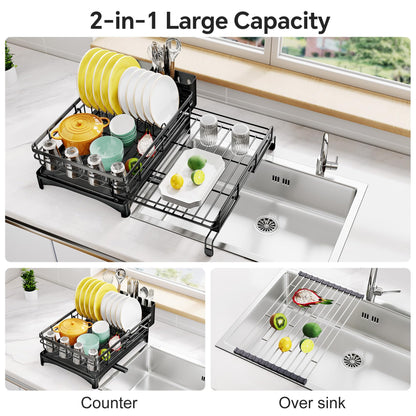 Frotune Candy 2 Tier Extendable Dish Drying Rack, 2-in-1 Dishrack for Kitchen Counter and Sink, Black