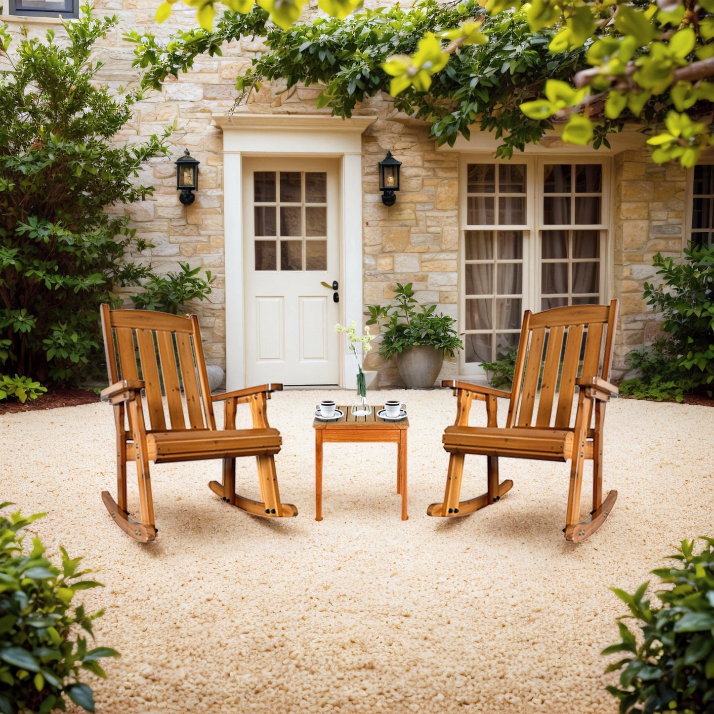 Fortune Candy 2 PCS Solid Fir Wood Outdoor Rocking Chair with Deep Contour Seat, Heavy Duty 600 lbs for Patio Porch and Yard, Brown