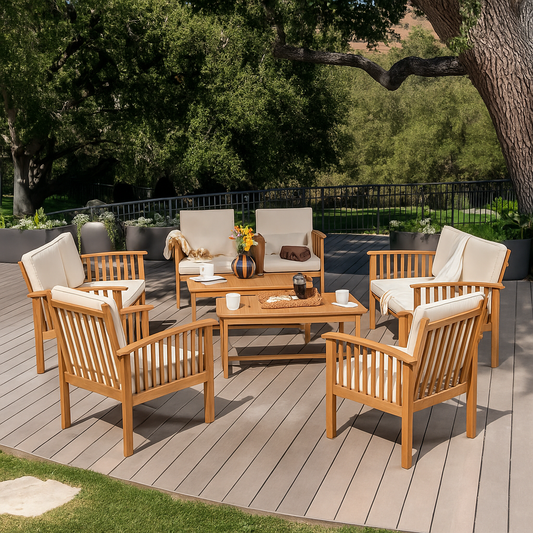 Fortune Candy 8 Pieces Indoor/Outdoor Acacia Wood Sofa Set with Cushions, Brown Conversation Furniture