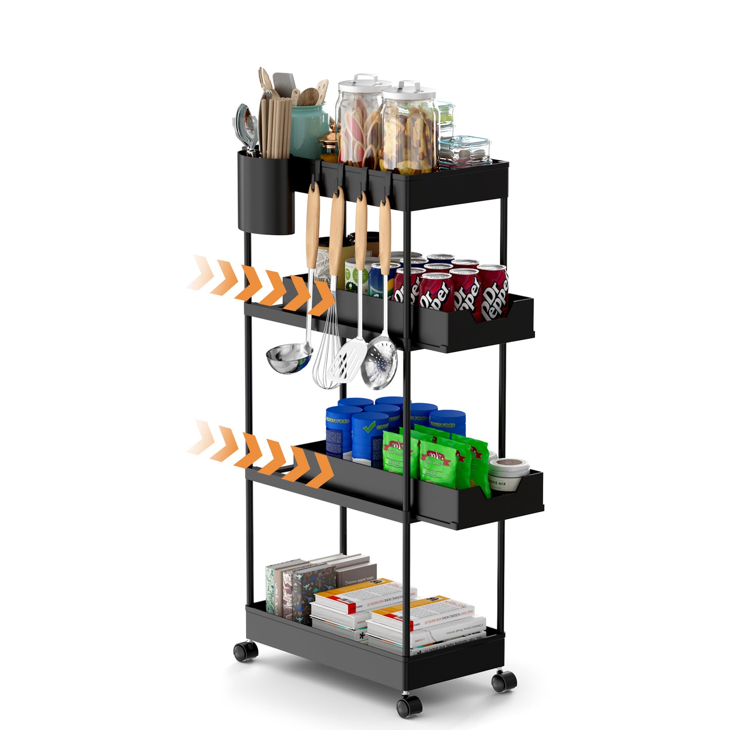 Fortune Candy 4-Tier Plastic Storage Cart with Wheels, Rolling Kitchen Shelving Rack for Pantry, Bathroom, Office