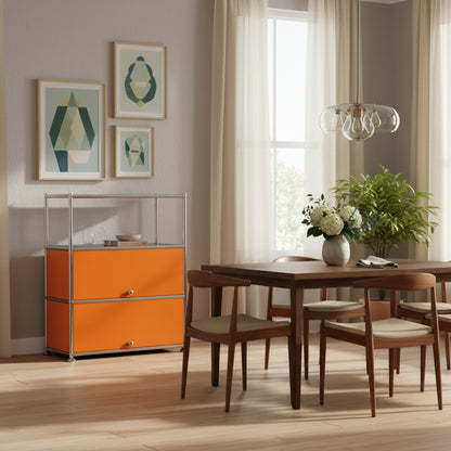 Fortune Candy 3 Tier Metal Storage Cabinet with Doors, Modern Organizer, Open Shelf for Dining Room or Living Space, Orange