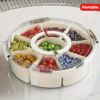 Fortune Candy 9 Compartment Box, Rotating Serving Tray with Lid & Handle, Portable Organizer for Fruits, Candy, Veggies, Party & Travel (White)