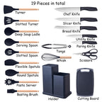 Fortune Candy 19pc Kitchen Utensil Set, Includes Tongs, Ladle, Scissors, Knives and Cutting Board (Black)