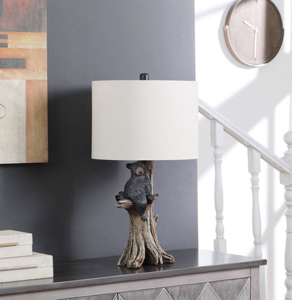 Fortune Candy 24.75" Rustic Black Bear Table Lamp, Polyresin Tree Trunk Base with Fabric Drum Shade for Home Decor