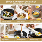 Fortune Candy 19pc Kitchen Utensil Set, Includes Tongs, Ladle, Scissors, Knives and Cutting Board (Beige)