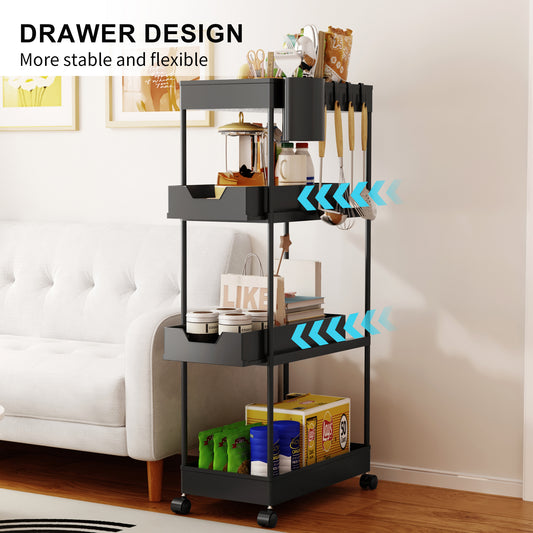 Fortune Candy 4-Tier Plastic Storage Cart with Wheels, Rolling Kitchen Shelving Rack for Pantry, Bathroom, Office