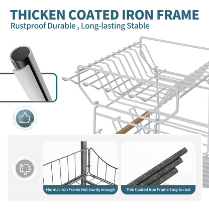 Fortune Candy 15.4'' Tall Dish Drying Rack with Bamboo Handle, 2-Tier Drying Rack for Apartments, Dorms, and Kitchens, White