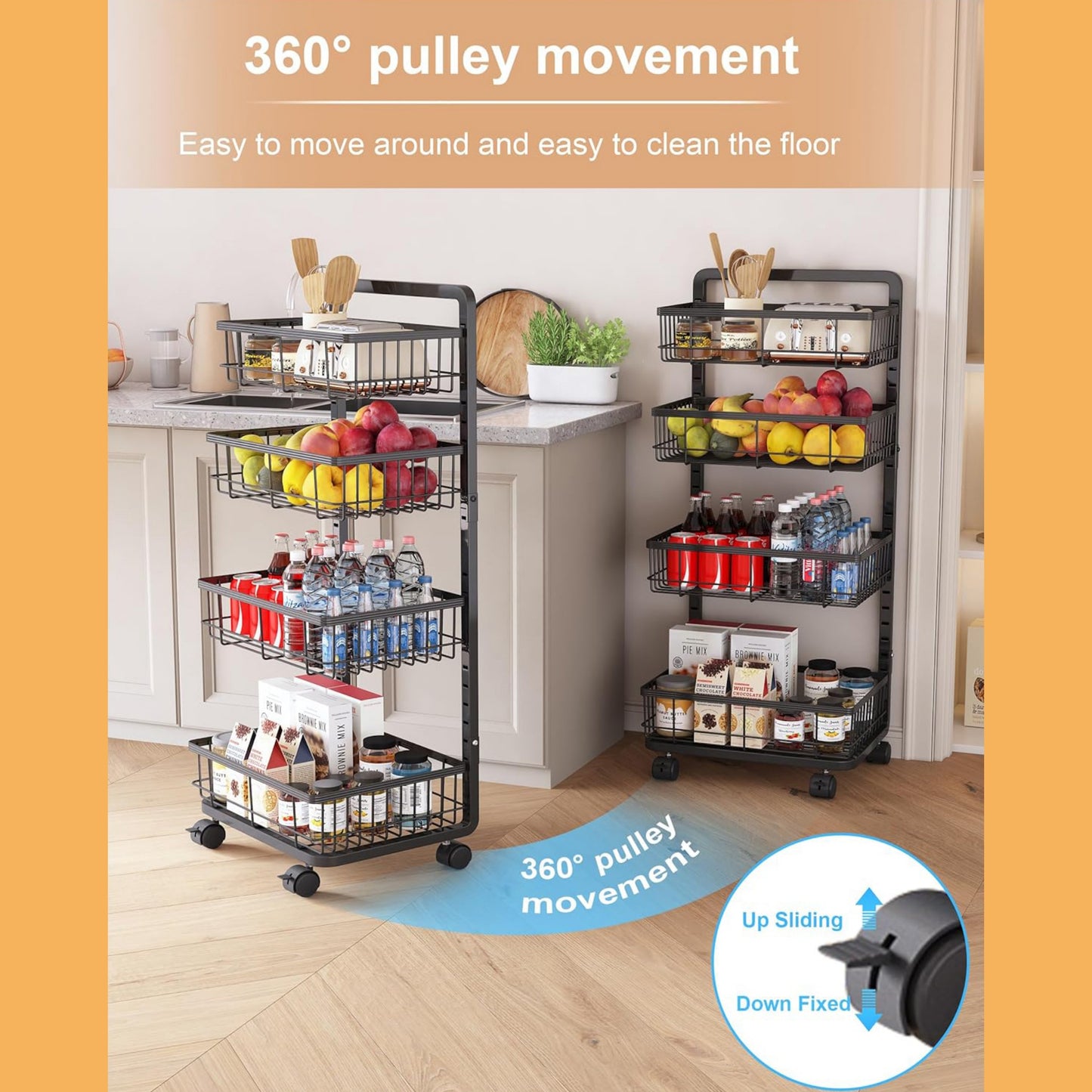 Fortune Candy Adjustable 4-Tier Metal Storage Cart with Wheels, Lockable Rolling Organizer for Kitchen, Pantry, Bathroom, or Office