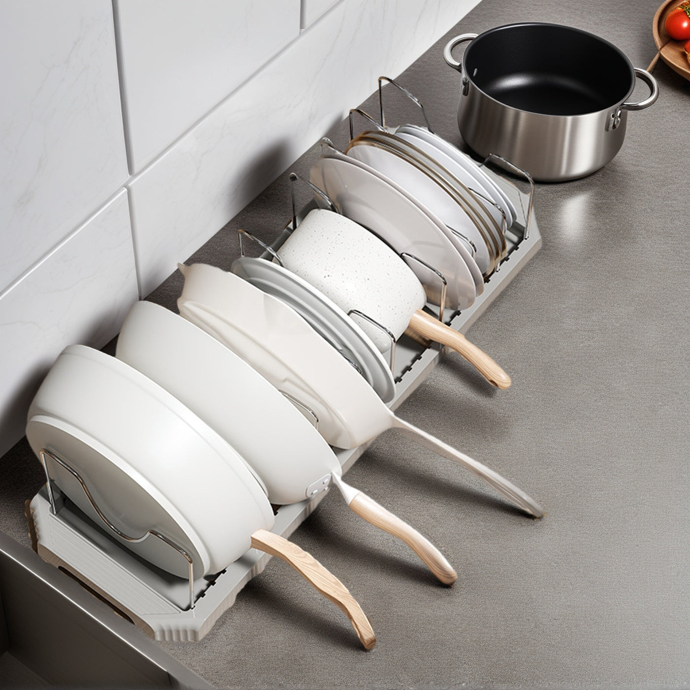 Fortune Candy 2 Pack Retractable Cabinet Organizer Rack, Pot Lid Holder for Cutting Boards, Pans, and Kitchen Storage, Gray