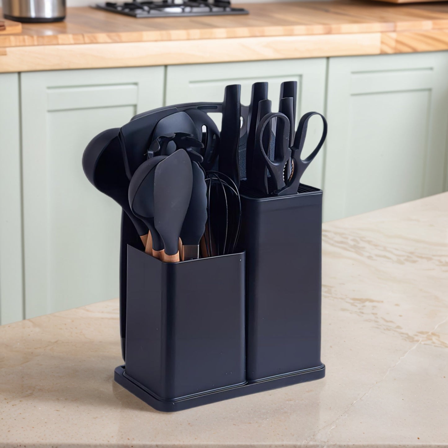 Fortune Candy 19pc Kitchen Utensil Set, Includes Tongs, Ladle, Scissors, Knives and Cutting Board (Black)