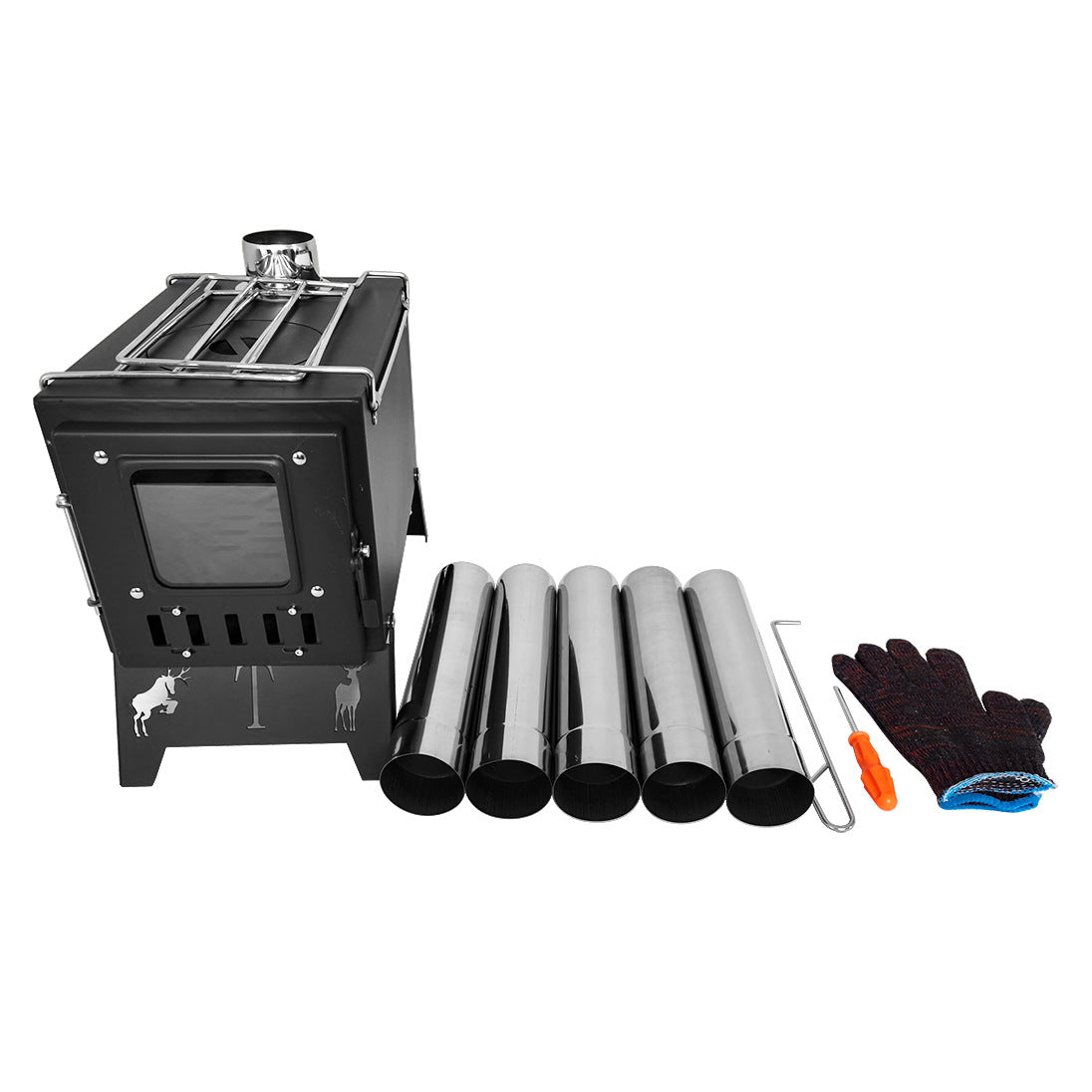 Fortune Candy 1 Set Folding Portable Wood Burning Tent Stove with Cooking Surface, Pipes and Spark Arrestor, for Camping, Hiking, Outdoor Courtyard