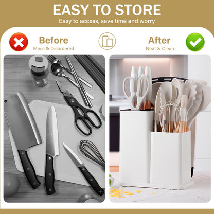 Fortune Candy 19pc Kitchen Utensil Set, Includes Tongs, Ladle, Scissors, Knives and Cutting Board (Beige)