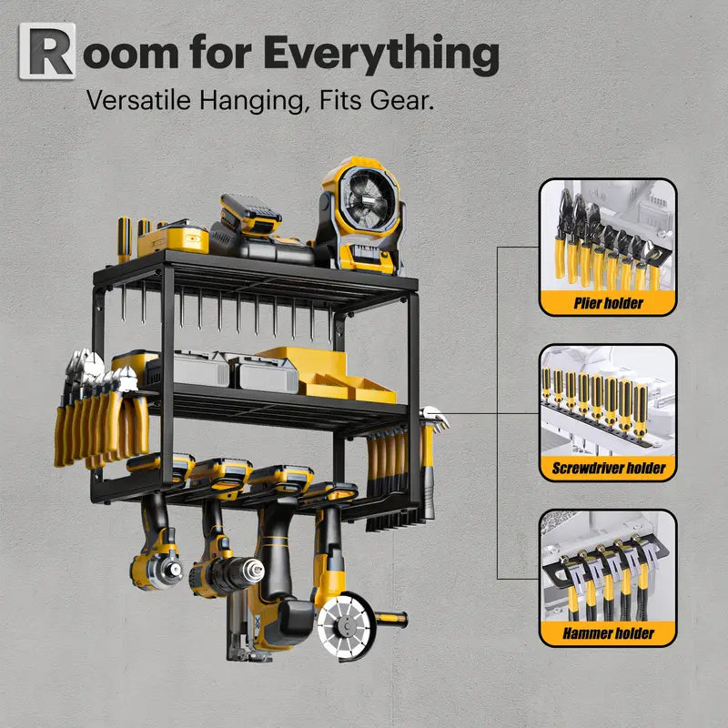 Fortune Candy 2-Tier Tool Organizer Wall Mount, 4 Slots for Cordless tool Storage, Utility Rack Suitable for Garage/Workshop/Pegboard, 2 SET