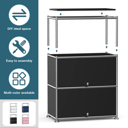 Fortune Candy 3 Tier Metal Storage Cabinet with Doors, Modern Organizer, Open Shelf for Dining Room or Living Space, Black