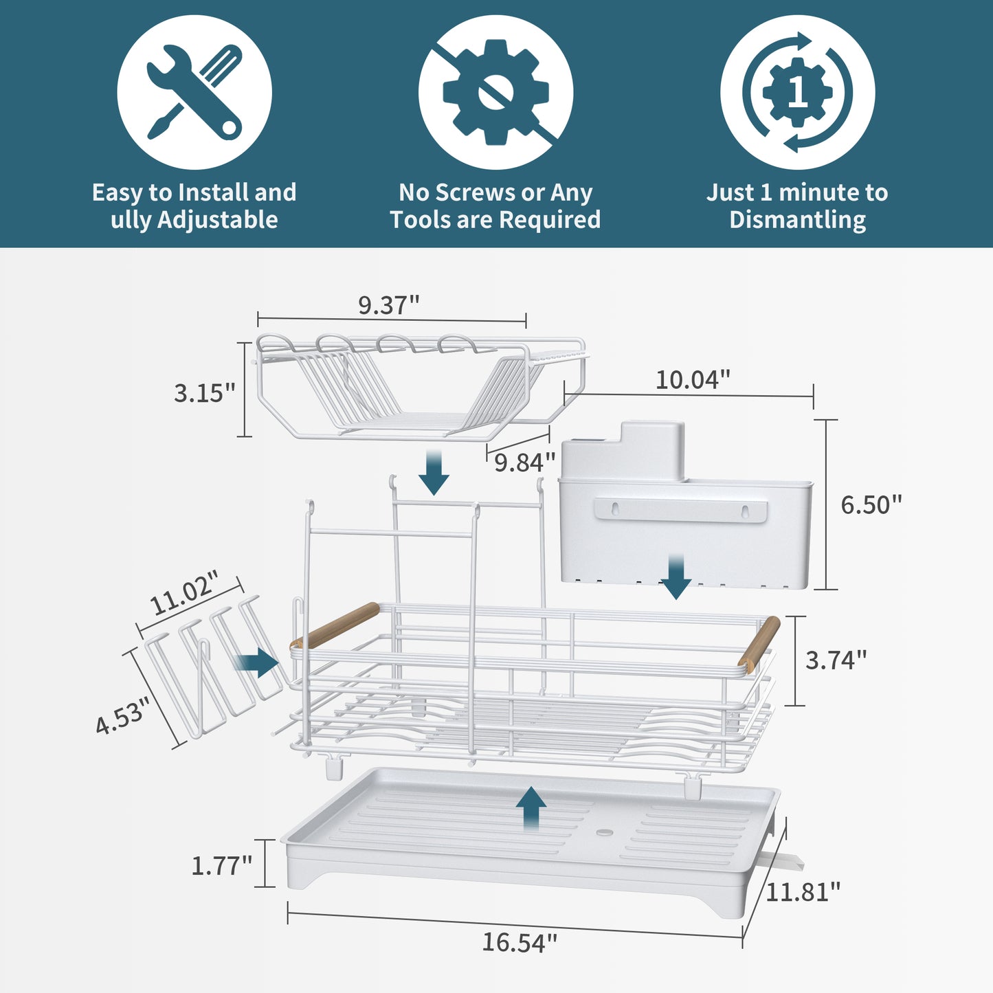 Fortune Candy 15.4'' Tall Dish Drying Rack with Bamboo Handle, 2-Tier Drying Rack for Apartments, Dorms, and Kitchens, White