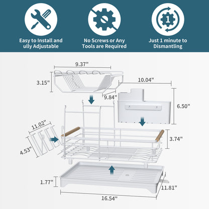 Fortune Candy 15.4'' Tall Dish Drying Rack with Bamboo Handle, 2-Tier Drying Rack for Apartments, Dorms, and Kitchens, White