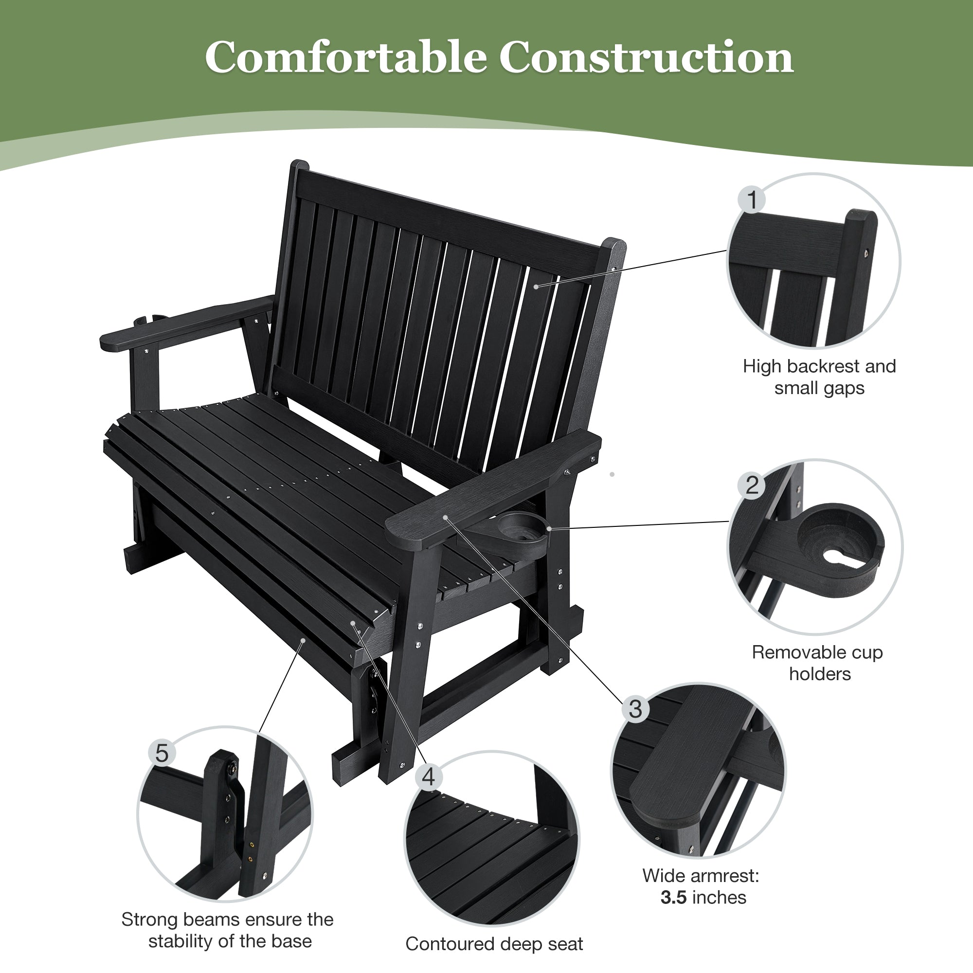 Fortune Candy Poly Lumber Patio Glider  2 Seater with Ergonomic Deep Seat, High Backrest, Cup Holders, for Outdoor Garden, Yard, or Deck