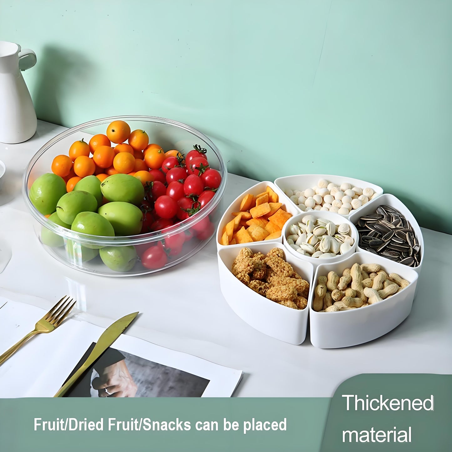 Fortune Candy 2 PCS Compartment Snackle Box, Rotating Serving Tray with Lid & Handle, Portable Organizer for Fruits, Candy, Veggies, Party & Travel