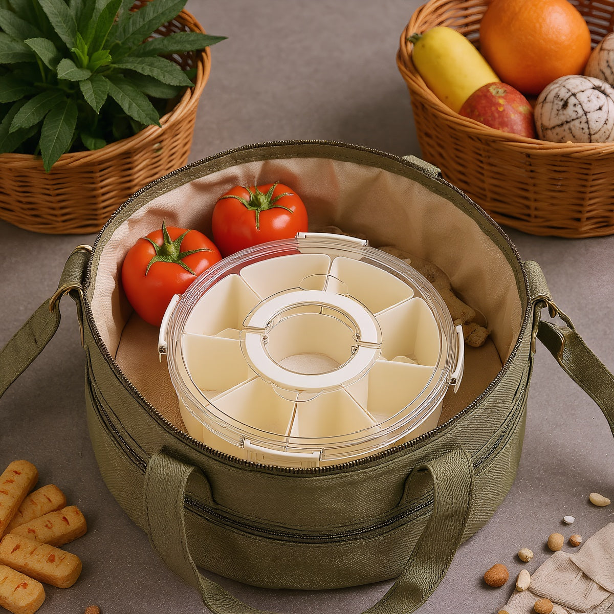 Fortune Candy 2 PCS Compartment Snackle Box, Rotating Serving Tray with Lid & Handle, Portable Organizer for Fruits, Candy, Veggies, Party & Travel