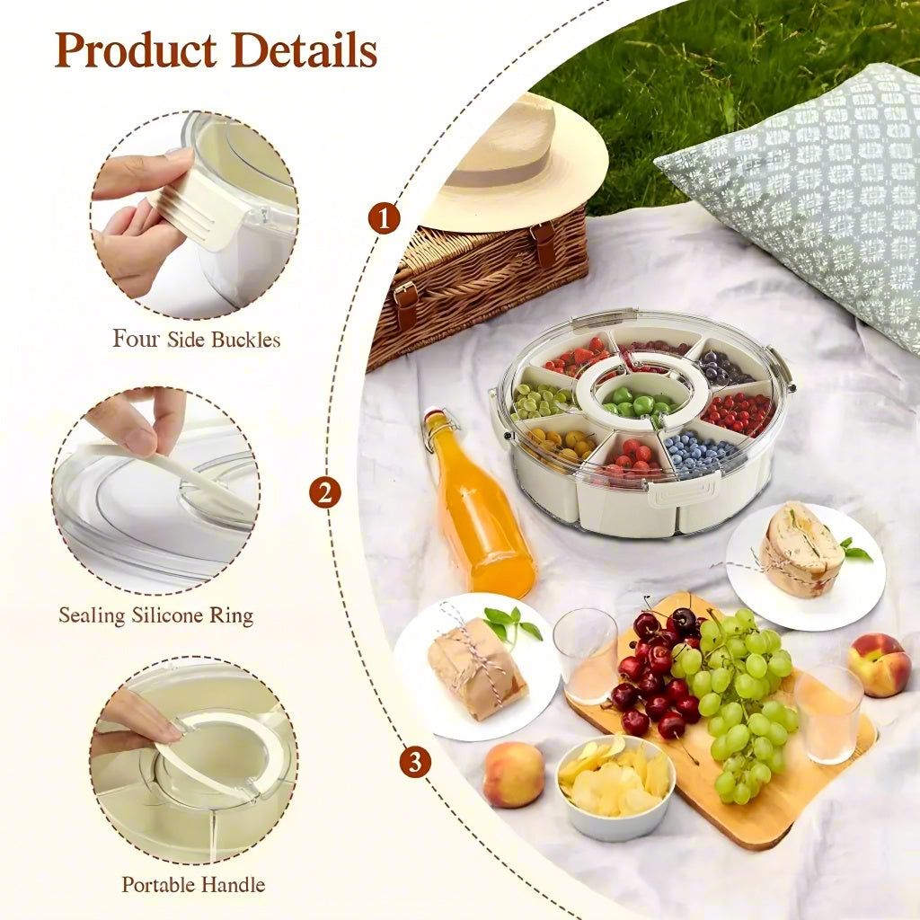 Fortune Candy 9 Compartment Box, Rotating Serving Tray with Lid & Handle, Portable Organizer for Fruits, Candy, Veggies, Party & Travel (White)