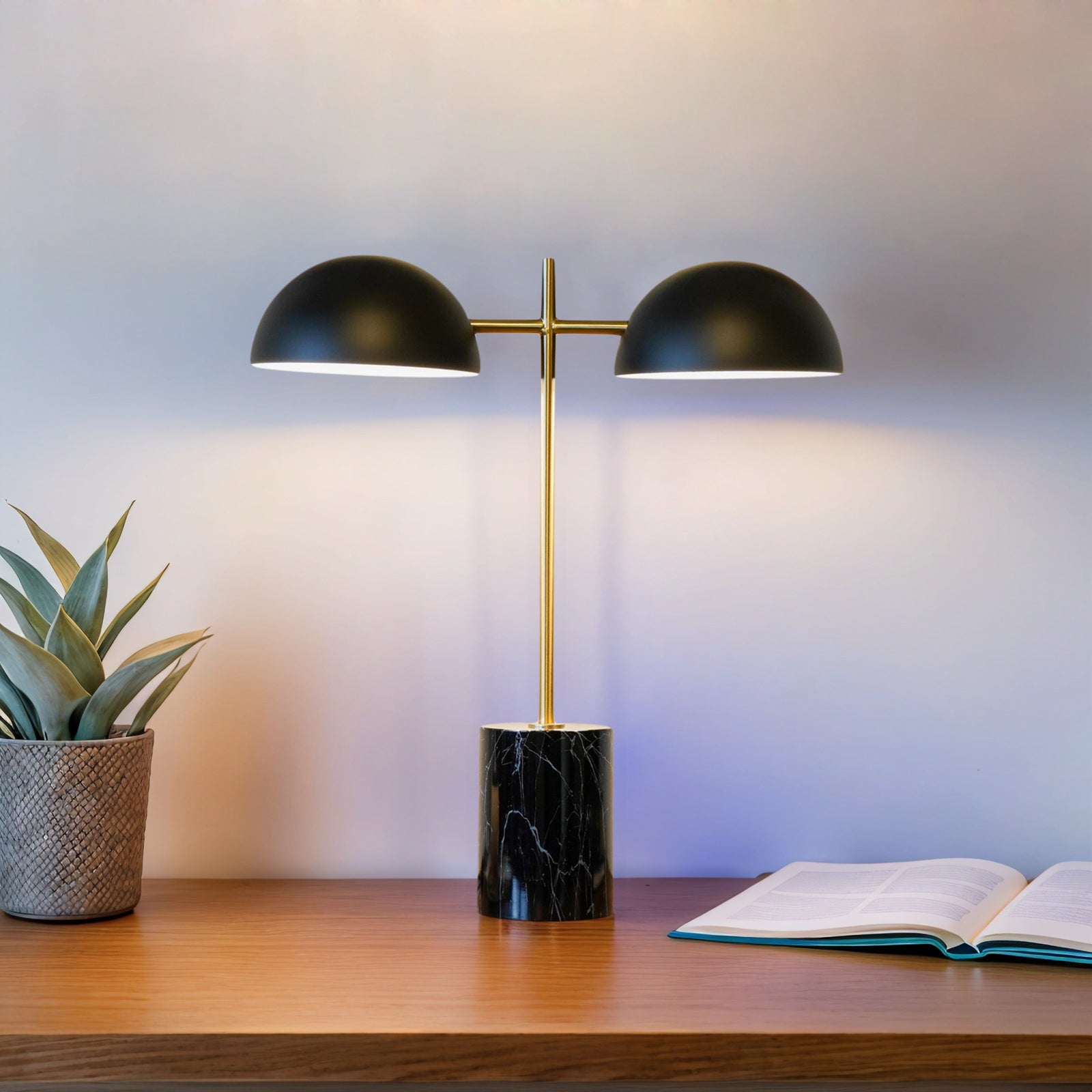 Fortune Candy 22.4'' Black Table Lamp with Double Bulbs, Faux Marble Base, Modern Desk Light for Living Room, Bedroom, or Office Reading
