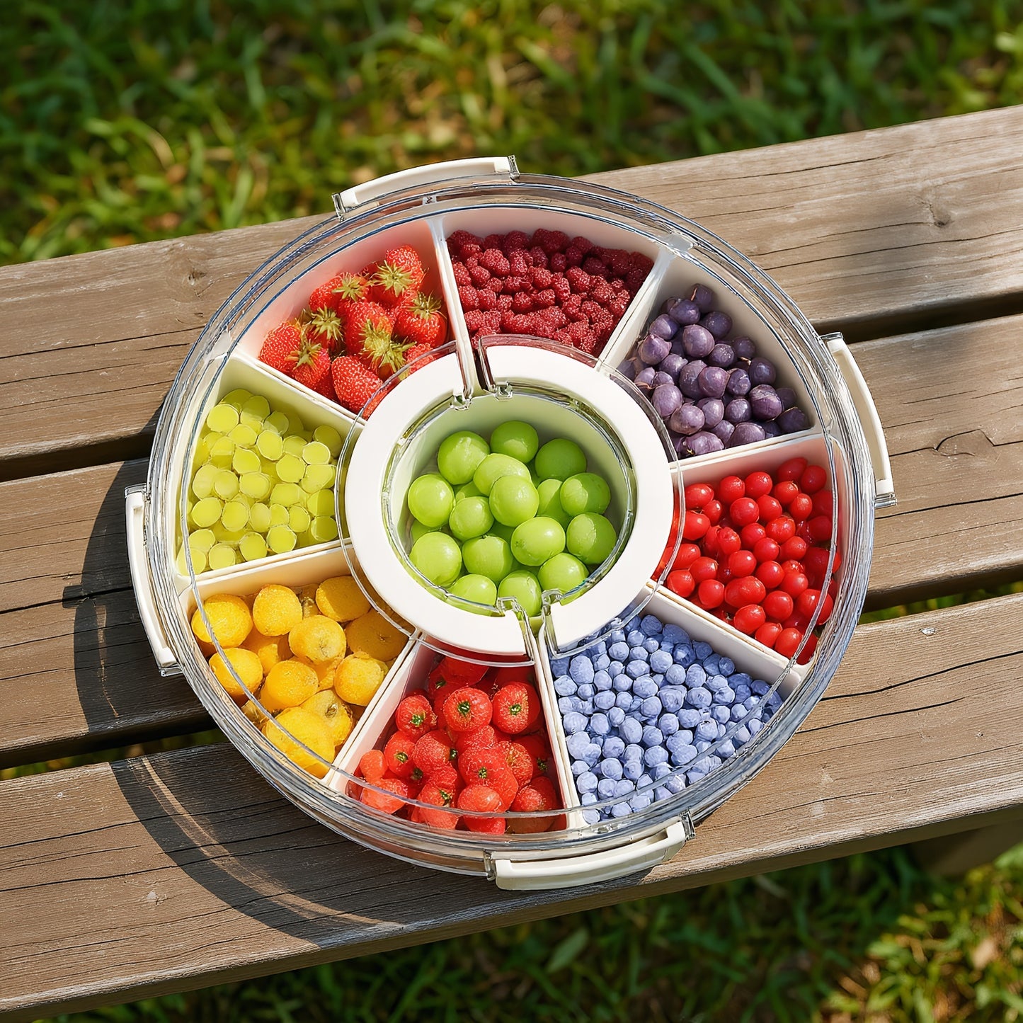 Fortune Candy 2 PCS Compartment Snackle Box, Rotating Serving Tray with Lid & Handle, Portable Organizer for Fruits, Candy, Veggies, Party & Travel