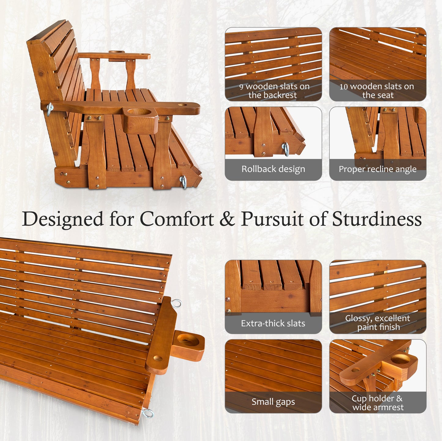 Fortune Candy 5 ft. Wooden Porch Swing 2-Seater for Outdoor Patio Garden Yard (Cedar Tone)